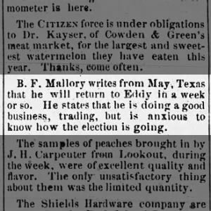 B. F. Mallory, Eddy County, NM visiting May, Texas